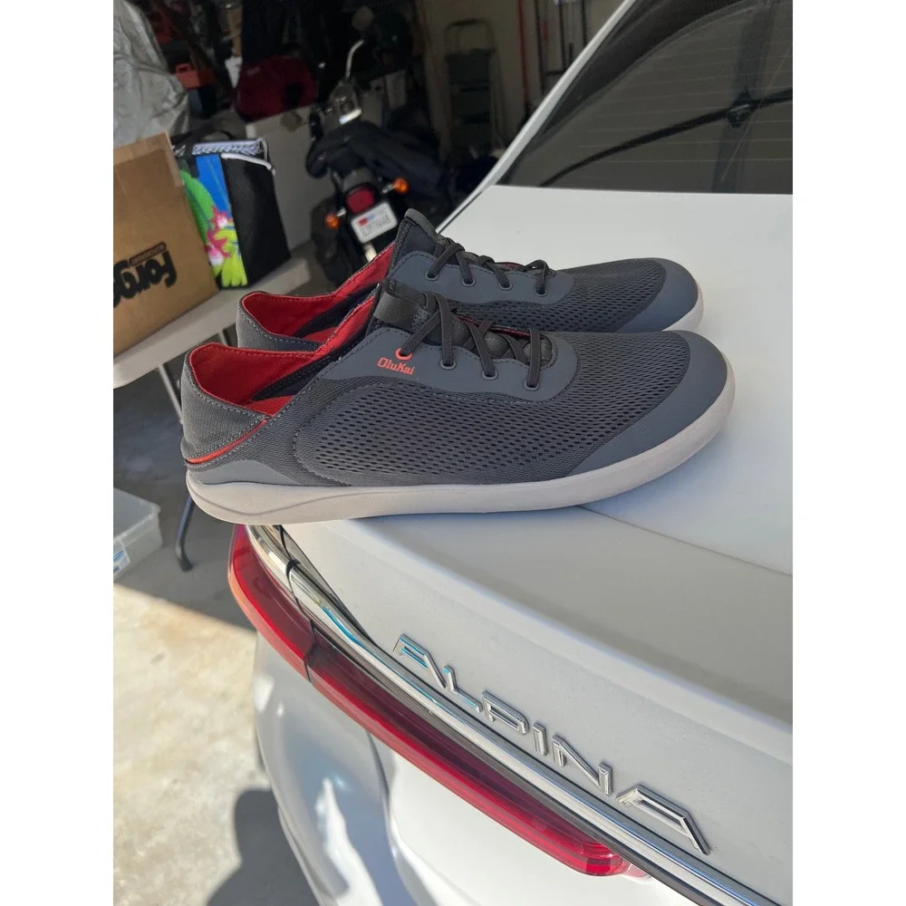 OluKai Moku Pae Mens Boat Shoes Gray Red Mesh Sneakers 10472-4EKZ US 14